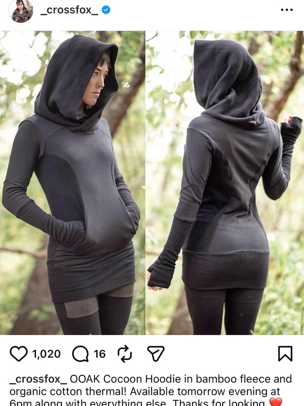 Crossfox Black Cocoon Hoodie Bamboo Fleece Organic Cotton M